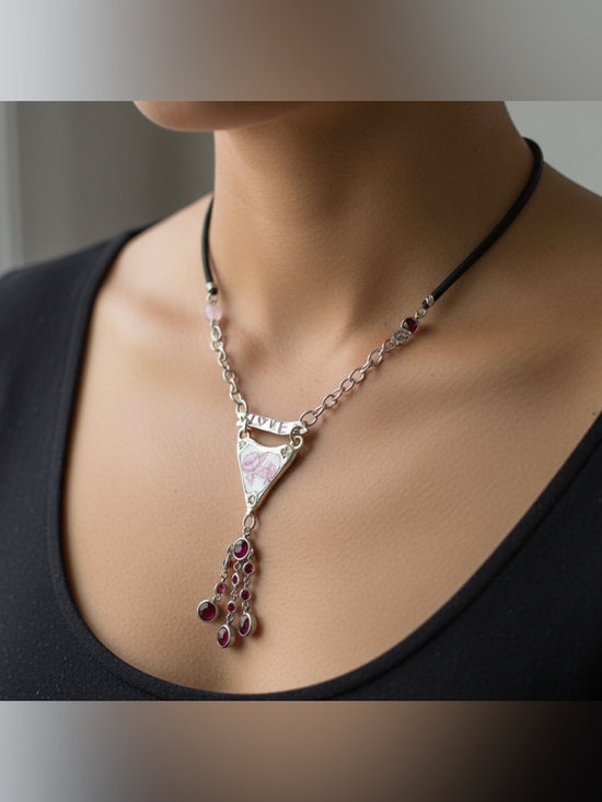 Hand Crafted Jewelry - Repurposed Porcelain Love Banner Necklace - Vintage Garnet Tassel - Silver Chain